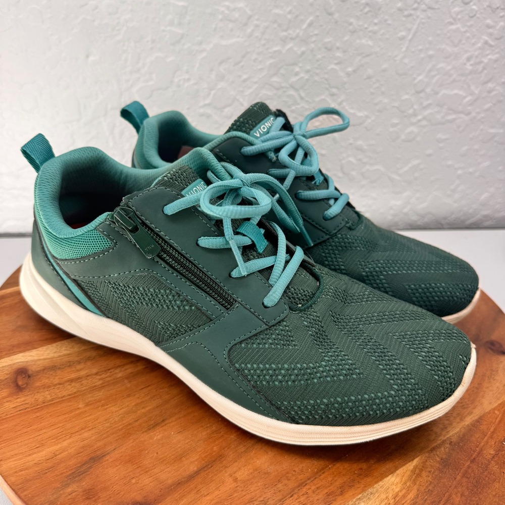 Vionic Womens 9.5 Teal Green Knit Lace Up Side Zip Walking Sneakers